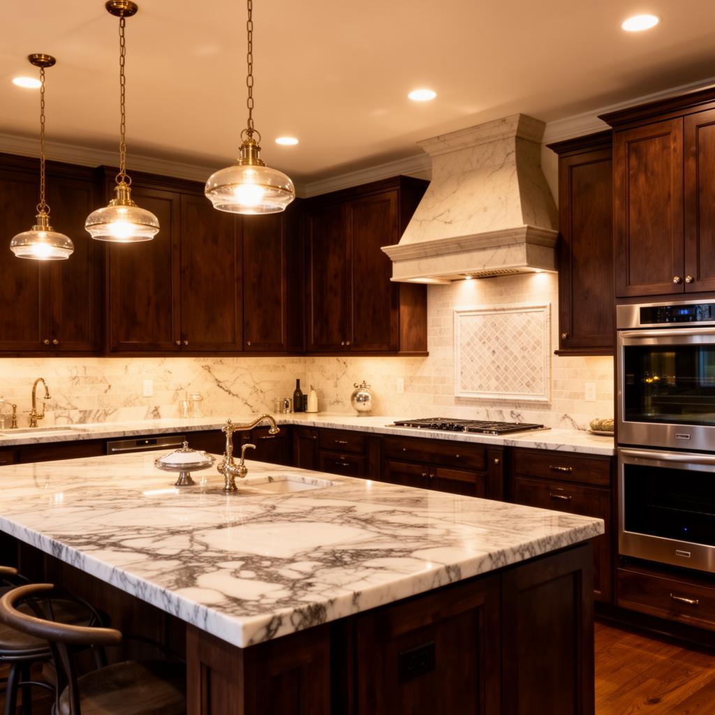 High-end kitchen renovation with marble countertops